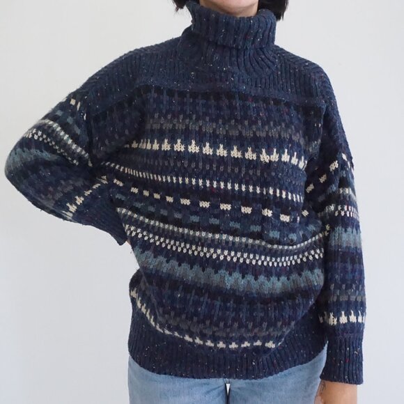 Sweaters - Vintage Fabrizio Navy Multicolour Turtleneck Knit Sweater Cabincore Minimalist M